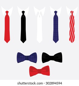 Corbata y corbata de arco del icono del vector. Colección de corbata de cuello de diferente color. Lazos clásicos rojos, negros, blancos, azules, 