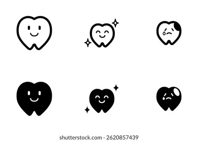 A vector icon set of tooth characters. A set of six icons including smiling teeth and sad teeth with cavities