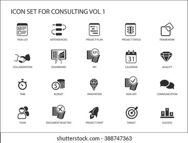 Vector Icon Set For Topic Consulting. Various Symbols For Strategy Consulting, IT Consulting, Business Consulting And Management Consulting