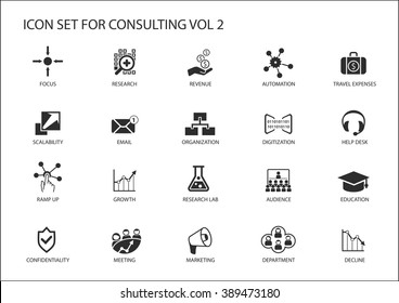 Vector Icon Set For Topic Consulting. Various Symbols For Strategy Consulting, IT Consulting, Business Consulting And Management Consulting