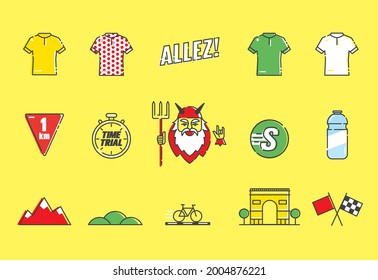 Icono vectorial del tour de Francia ciclismo. Jersey amarillo, camiseta de puntos de polka, camisetas verdes y blancas, reloj de prueba de tiempo, huella y tipo de iconos de escenario. Aislado en un fondo amarillo.