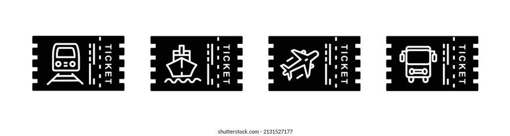 Vector icon set transportation ticket, airplane, train, ship, bus. Vector icon illustration ticket