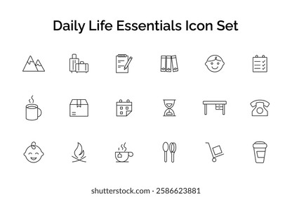 Vector icon set for travel, office, and daily life essentials. A collection of minimal line icons representing travel, work, communication, food, and time management.