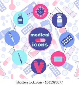 Vector icon set of treatment and healthcare concept. Set of medical icons in circle button style.