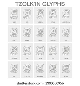 vector icon set with Tzolk'in calendar named days and associated glyphs