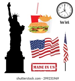 Vector icon set of usa symbols. Flag of united states of america. Fastfood menu with cheeseburger, french fries and cola. Round wall clock New York time. Red rubber stamp made in usa