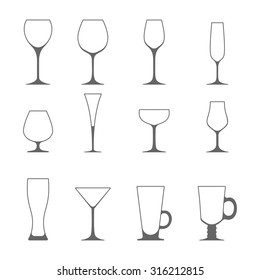 Vector icon set of utensil. Wine beer martini whiskey brandy glasses. 