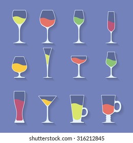 Vector icon set of utensil. Wine beer martini whiskey brandy glasses. 