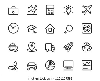 Vector icon set of value investment in line style. Icon collection includes: investing capital, real estate, business, market timing, technology, education, medicine and more.