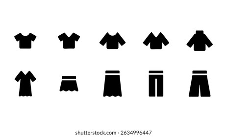 A vector icon set of various clothing silhouettes. A set of 10 icons including T-shirts, long-sleeved shirts, dresses, and pants.