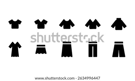 A vector icon set of various clothing silhouettes. A set of 10 icons including T-shirts, long-sleeved shirts, dresses, and pants.