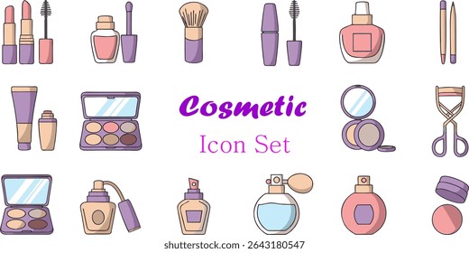 Vector icon set of various cosmetic and makeup items. Designed in soft pastel tones with a modern and minimal aesthetic. Perfect for beauty, skincare, and fashion-related design projects.