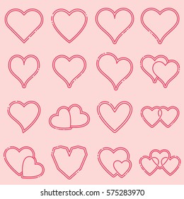 Vector icon set of various heart shapes on pink background