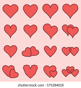 Vector icon set of various heart shapes on pink background