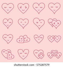 Vector icon set of various heart shapes on pink background