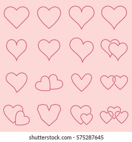 Vector icon set of various heart shapes on pink background