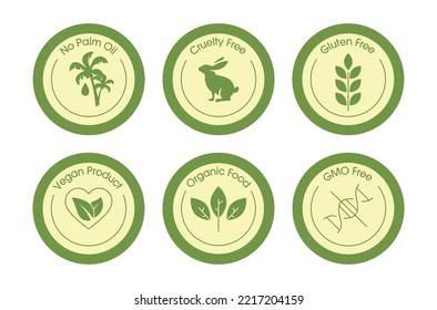 conjunto de iconos vectoriales veganos, orgánicos, libres de gases, sin aceite de palma, sin crueldad, sin gluten 