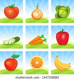 Vector Icon set of Vegetables and Fruits on Scenic landscape background. Cartoon illustrations for design of Emblems and promo for Harvesting and Trading of Vegetables, Menu of shops.