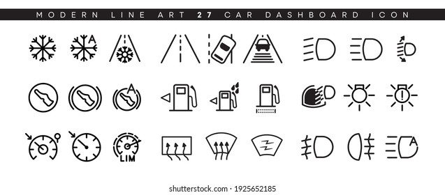 Vector icon set of vehicle dashboard indicators. Such symbols include headlights, petrol tank, automatic cruze control, warning and many other symbols. Editable line icon set.