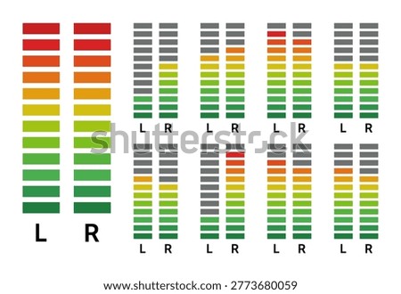 Vector icon set of vertical bar-style audio level meters showing L and R stereo channel indicators in various signal states, using a stacked green-to-red gradient scale.