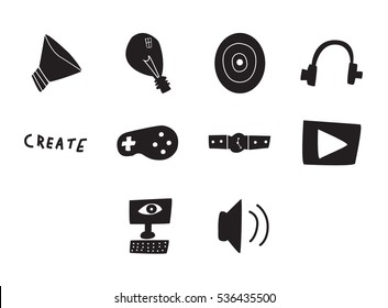 Vector icon set for video games on white background