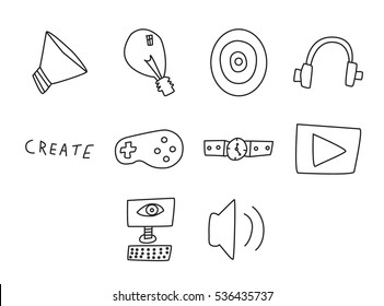 Vector icon set for video games on white background