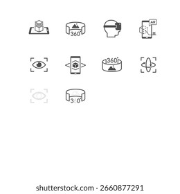 Vector icon set of virtual and augmented reality symbols isolated on white background. AR and VR technology icons for web, mobile apps, and UI design. Clean and modern style.