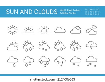 Vector icon set of weather forecast. Editable vector stroke. Pixel perfect.  Thin meteorological elements for web design, mobile apps.