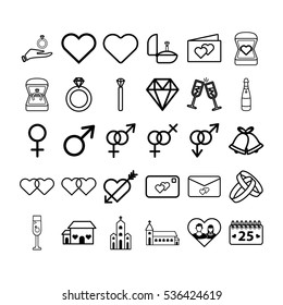 Vector icon set of wedding and engagement on white background