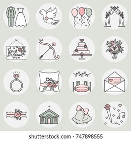 Vector icon set of Wedding symbols in linear style. Design elements for invitations