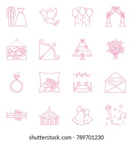 Vector icon set of Wedding symbols in trendy linear style. Design elements for invitations, event web site