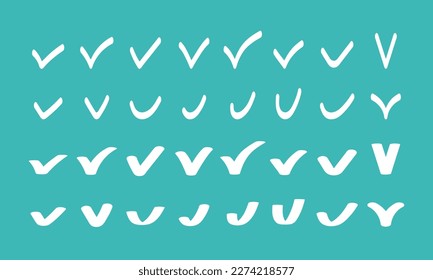 Vector icon set of white hand-drawn check marks on an isolated green background