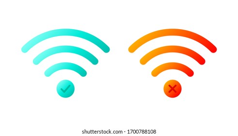 Vector icon set of wireless wifi symbols with check mark and x mark.