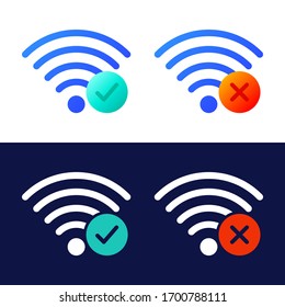 Vector icon set of wireless wifi symbols with check mark and x mark.