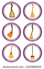 vector icon set of a witch's broom with the word halloween and white background