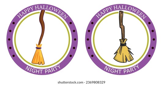 vector icon set of a witch's broom with the word halloween and white background