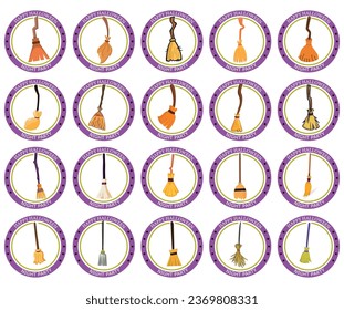 vector icon set of a witch's broom with the word halloween and white background