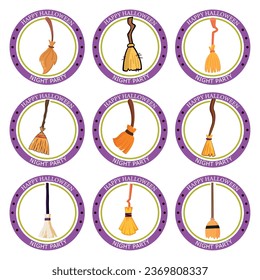 vector icon set of a witch's broom with the word halloween and white background