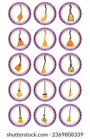 vector icon set of a witch's broom with the word halloween and white background