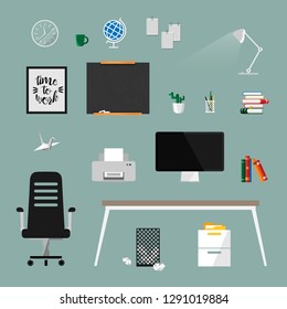 Vector icon set. Workspace of businessman. Paper and desktop objects. Front view. Computer hardware and gadgets. Office workplace.
