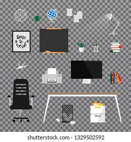 Vector icon set. Workspace of businessman. Paper and desktop objects. Front view. Computer hardware and gadgets. Office workplace.