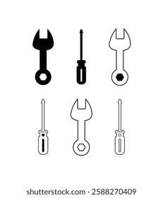 Vector icon set of wrench and screwdriver repairing tools.