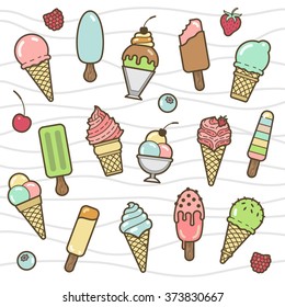 Vector icon set of yummy colored ice cream. Collection of different flavour and kinds