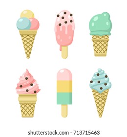 Vector icon set of yummy colored ice cream. Collection of different flavours and kinds