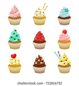 Vector icon set of yummy colored cupcakes. Collection of different flavours and kinds