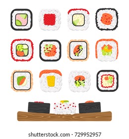 Vector icon set of yummy colored sushi rolls. Collection of different flavours and kinds