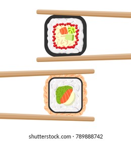 Vector icon set of yummy colored sushi rolls with chopsticks. Different flavours and kinds