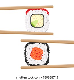 Vector icon set of yummy colored sushi rolls with chopsticks. Different flavours and kinds