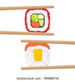 Vector icon set of yummy colored sushi rolls with chopsticks. Different flavours and kinds