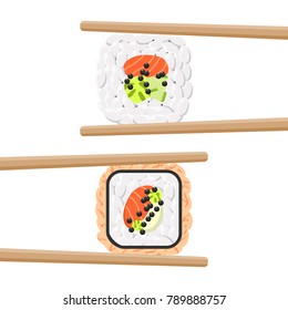 Vector icon set of yummy colored sushi rolls with chopsticks. Different flavours and kinds